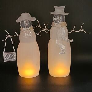 Vintage Frosted Glass Acrylic Snowman Couple Figurines Winter Christmas Decor